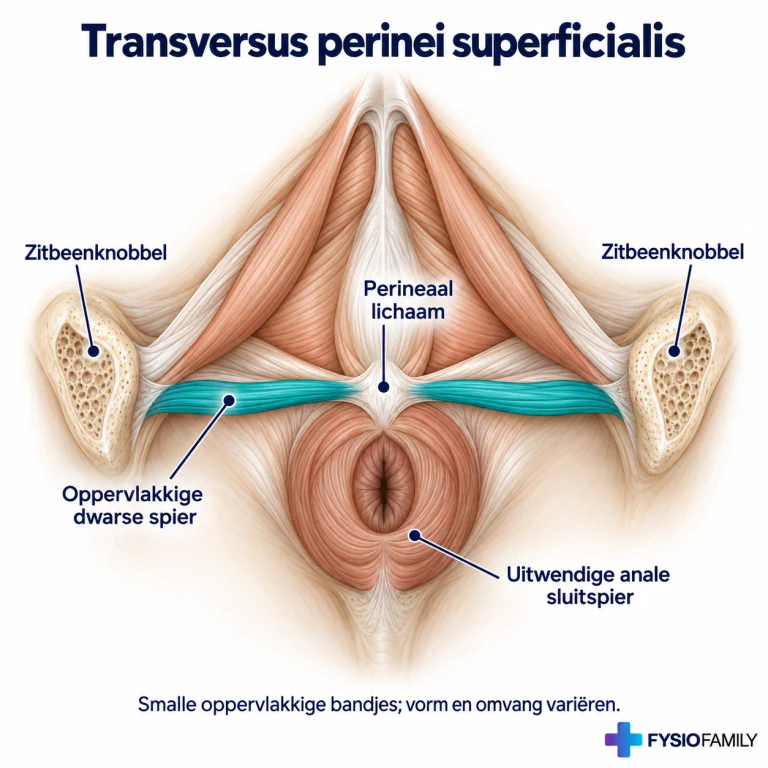 Transversus perinei superficialis: dwarslopende bundels naar het perineale lichaam.