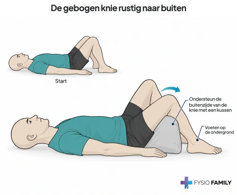 Gebogen knie rustig naar buiten laten bewegen met een kussen onder de buitenzijde van knie en dij.