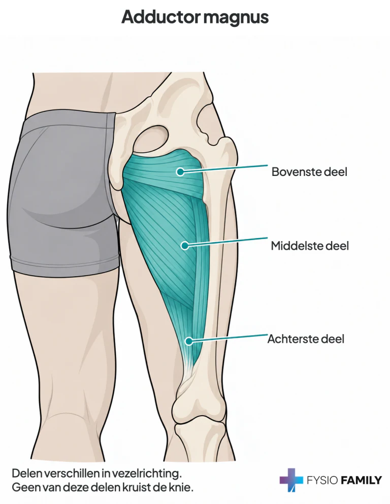 Adductor magnus: vereenvoudigde driedeling met verschillende vezelrichtingen; alle delen eindigen boven de knie.