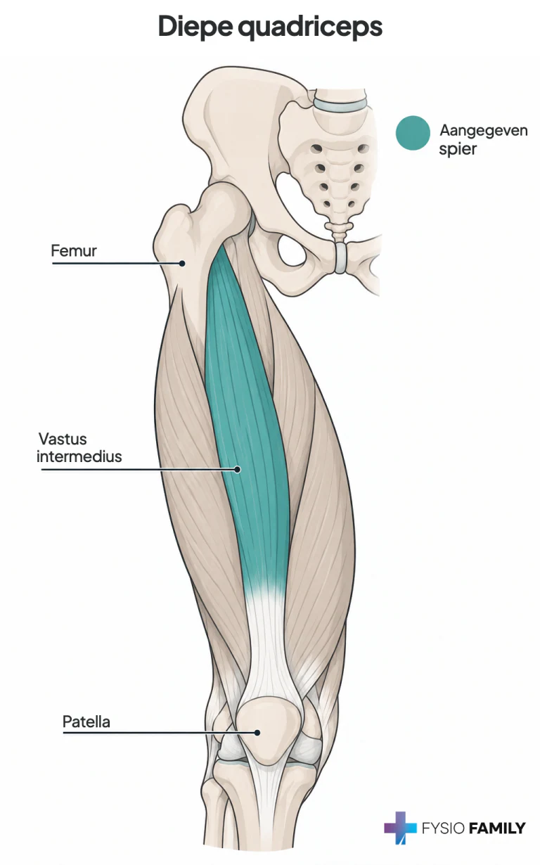 Vastus intermedius diep op de voorzijde van het femur; rectus femoris is voor dit overzicht weggelaten.
