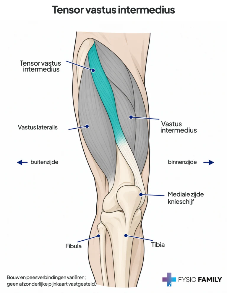 Tensor vastus intermedius tussen vastus lateralis en intermedius, met een eigen peesblad richting de mediale knieschijf.