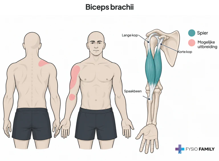 Figure 30.2. Referred pain pattern (essential zone is solid red, spillover zone stippled red) of trigger points in the right biceps brachii muscle.