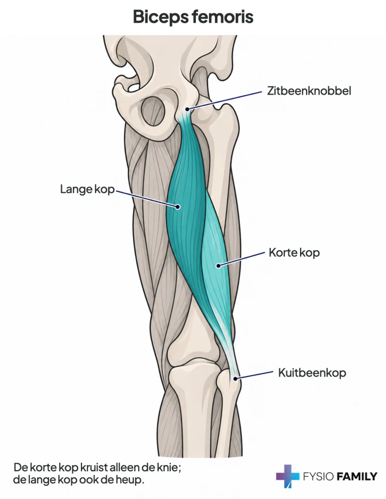 Biceps femoris: lange kop vanaf het zitbeen, korte kop vanaf het femur en gezamenlijke pees naar de kuitbeenkop.