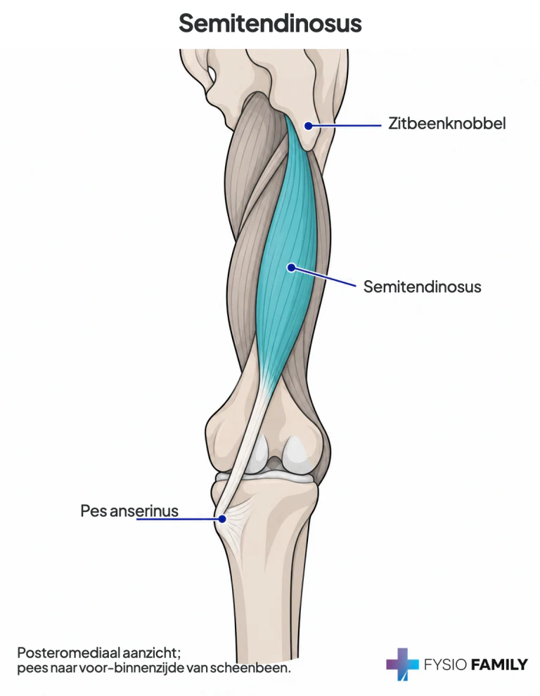 Semitendinosus: lange distale pees om de binnenknie heen naar de pes anserinus aan de voor-binnenzijde van de tibia.