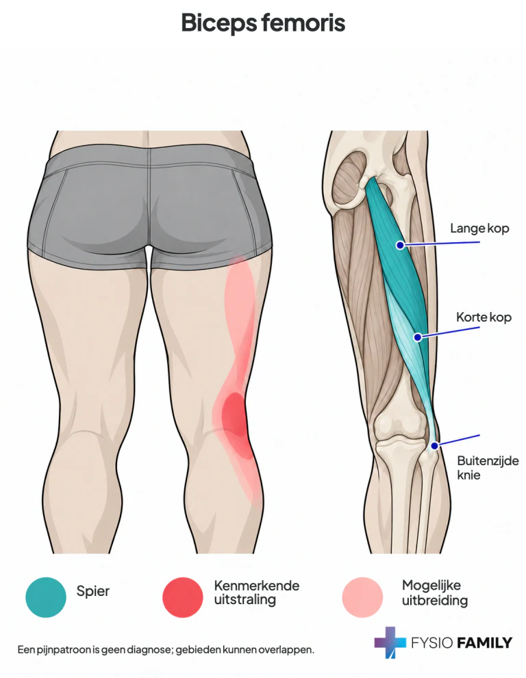 Biceps femoris: kenmerkende pijn aan de achter-buitenzijde van de knie, met mogelijke uitbreiding naar het achter-buitenste bovenbeen en de bovenkuit.
