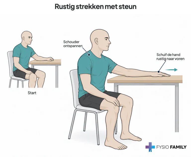 Rustig strekken met steun. Stap voor stap uitgebeeld.