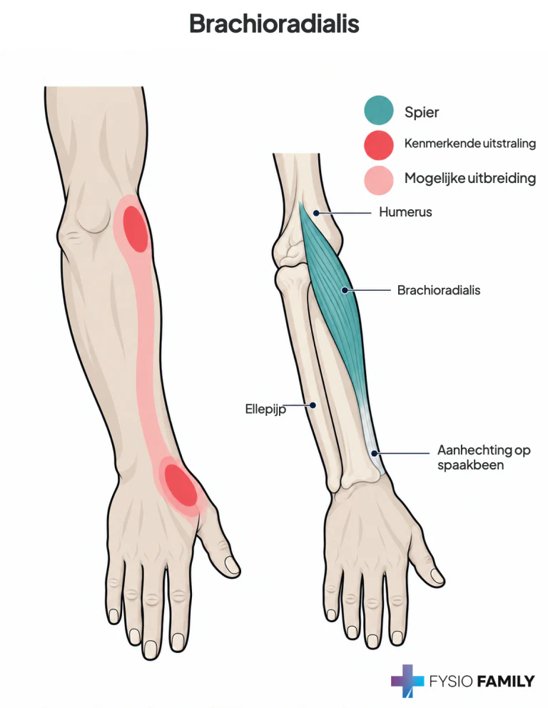Figure 34.4. Referred pain pattern (dark red) from a trigger point in the right brachioradialis muscle (medium red).