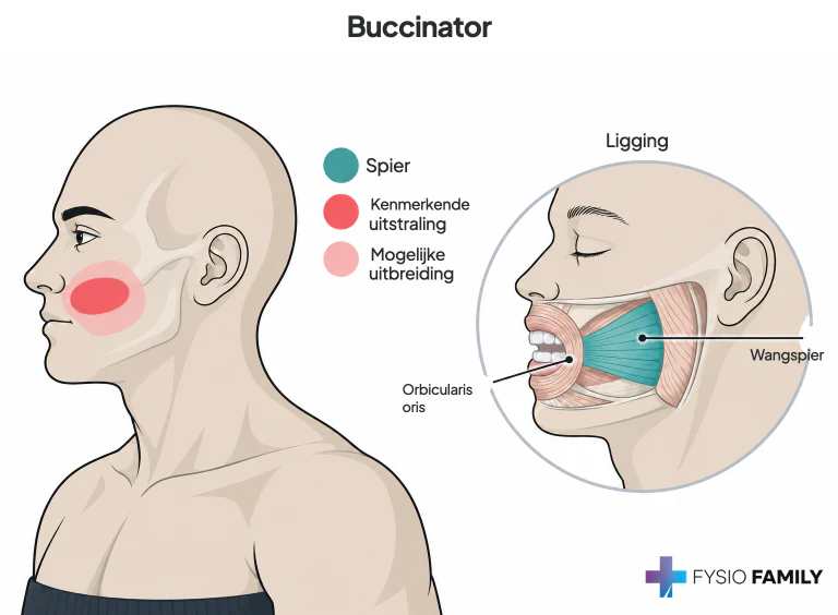 Figuur 13.2 — buccinator: eigen pijngebied in en achter de wang en anatomische ligging.
