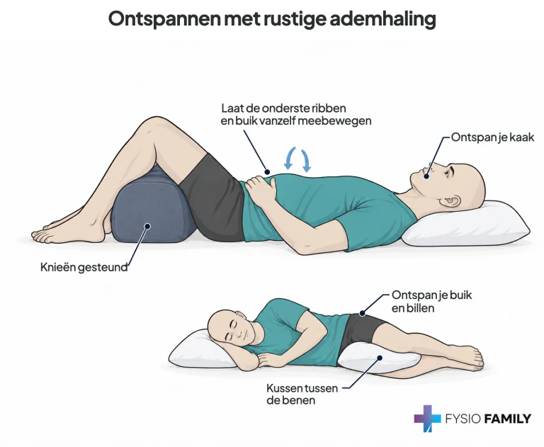 Ontspannen met rustige ademhaling. Stap voor stap uitgebeeld.