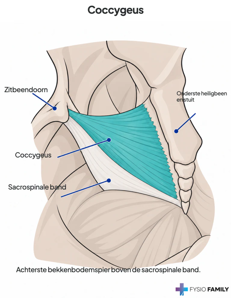 Coccygeus: zitbeendoorn naar onderste heiligbeen en stuit, over de sacrospinale band.