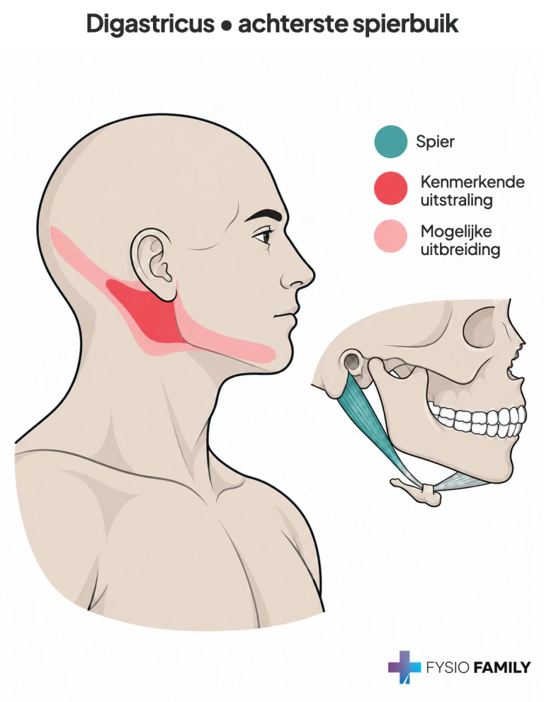 Voorbeeld van het beschreven pijnpatroon van de achterste digastricusbuik: vooral hoog in de zijnek, met mogelijke uitbreiding naar achterhoofd en onder de kin. De anatomische inzet toont de oorsprong bij het mastoïd en de tussenpees met lus aan het tongbeen. Andere patronen uit hoofdstuk 12 horen bij andere spieren.