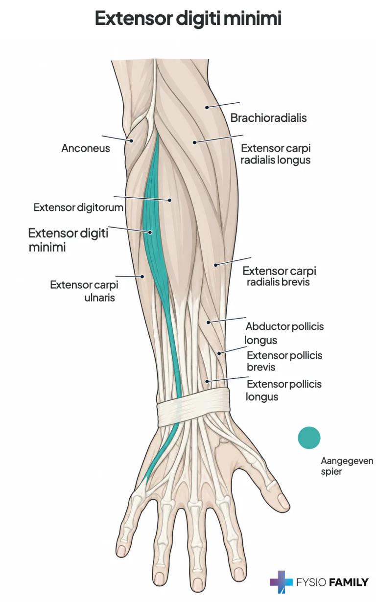 Figuur 35.1A — de extensor digiti minimi is in teal gemarkeerd naast de extensor digitorum, met het peesverloop naar de pink. Dit is een anatomisch overzicht, geen eigen pijnkaart.