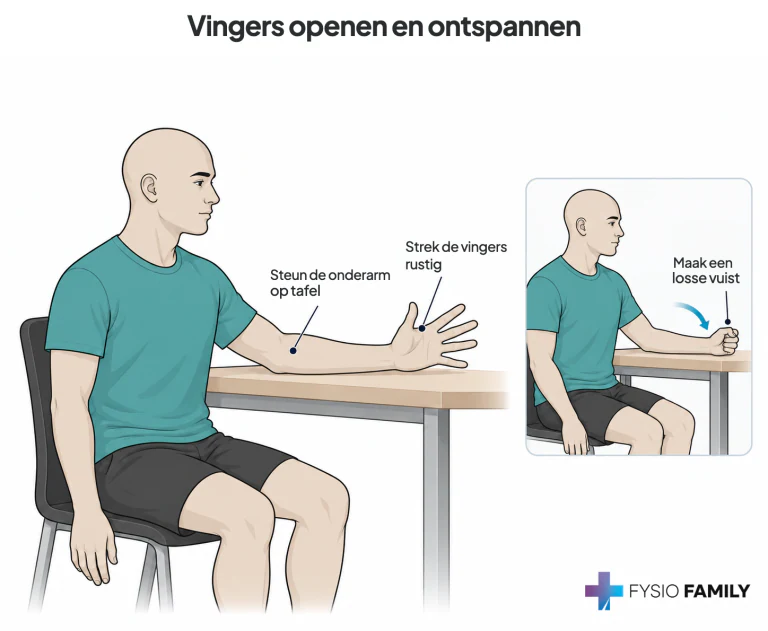 Vingers openen en ontspannen. Stap voor stap uitgebeeld.