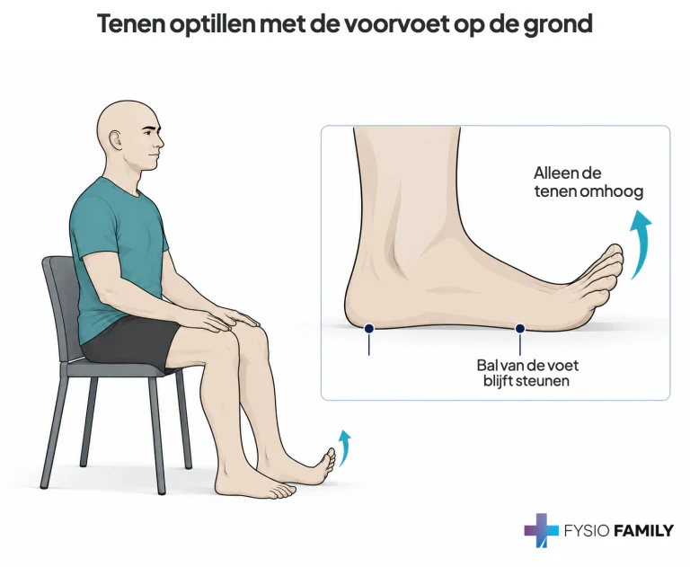 Tenen optillen met de voorvoet op de grond. Stap voor stap uitgebeeld.