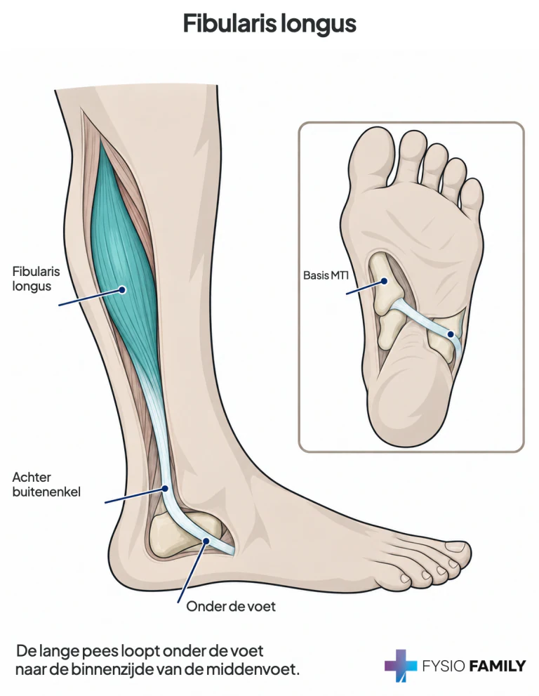 Fibularis longus: achter de buitenenkel en onder de voet naar de eerste straal.
