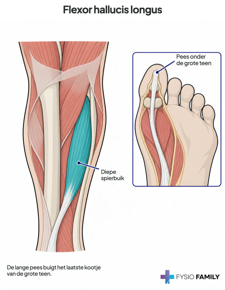 Flexor hallucis longus: diepe spier aan de achterzijde van het kuitbeen; de lange pees loopt onder de grote teen naar het eindkootje.