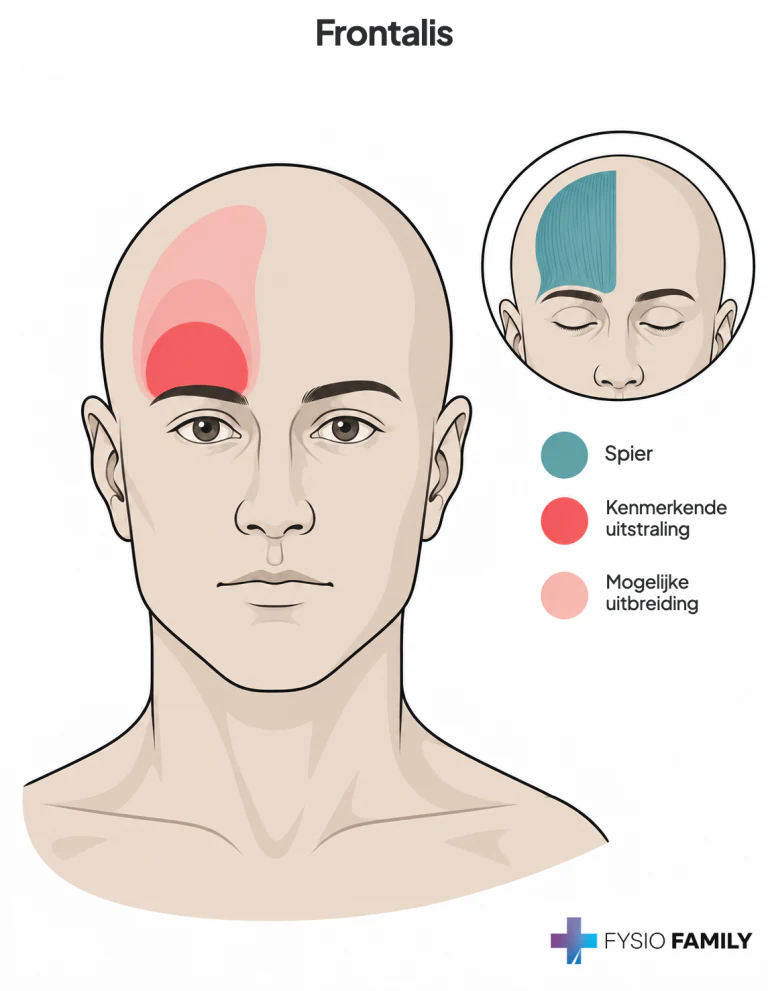 Figuur 14.2A — frontalis: spierbuik en lokale uitstraling over het voorhoofd.