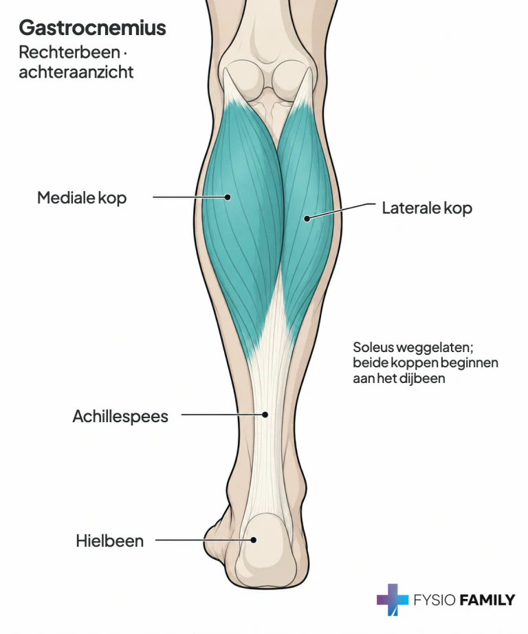 De twee koppen van de gastrocnemius aan de achterkant van het rechteronderbeen.