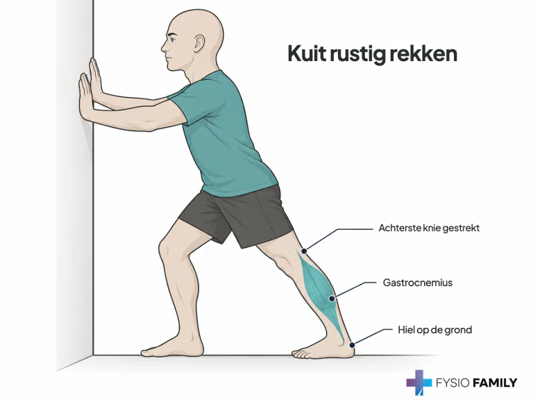 Kuitrek tegen een muur met achterste knie gestrekt en hiel op de grond.