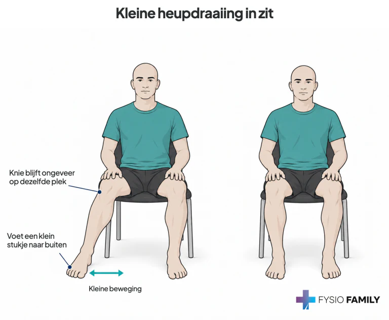 Kleine heupdraaiing in zit. Stap voor stap uitgebeeld.