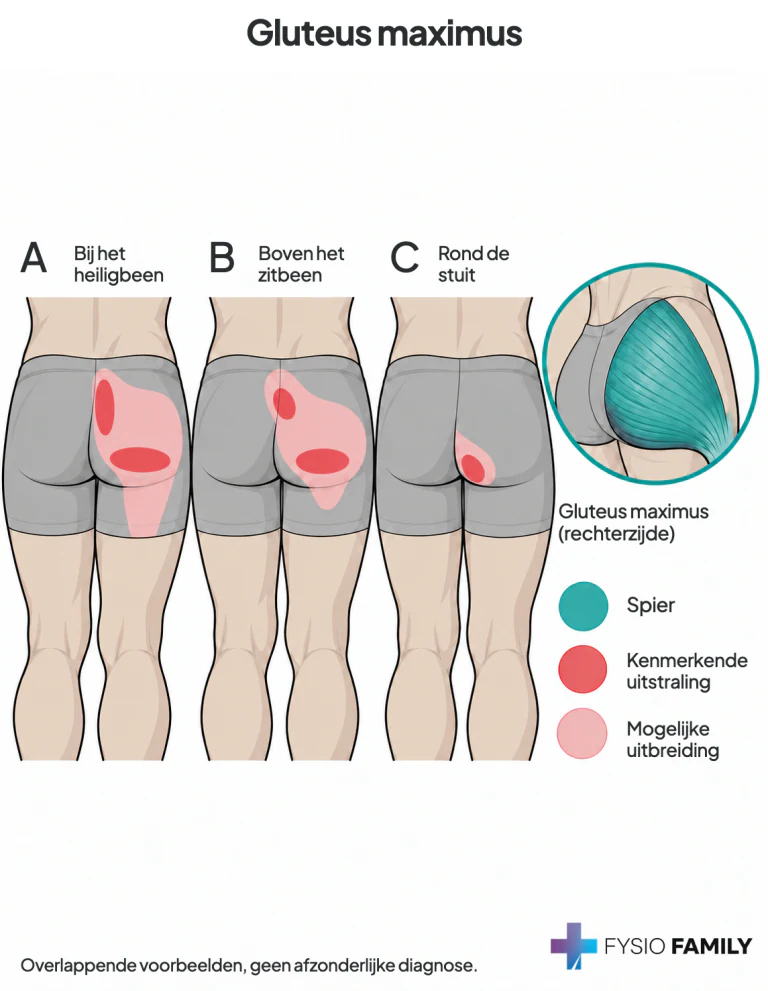 Gluteus maximus: drie overlappende voorbeelden rond heiligbeen, zitbeen en stuit.