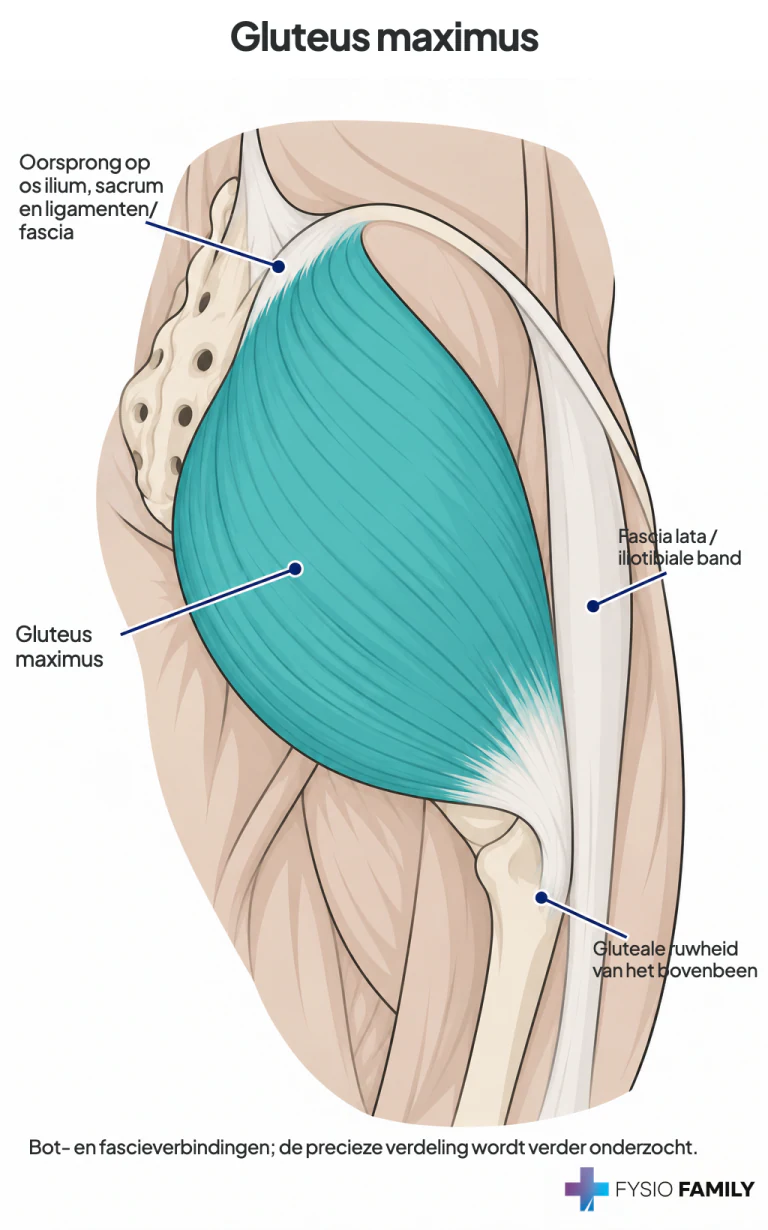 Gluteus maximus: oppervlakkige schuine vezels met bot- en fascieverbindingen.