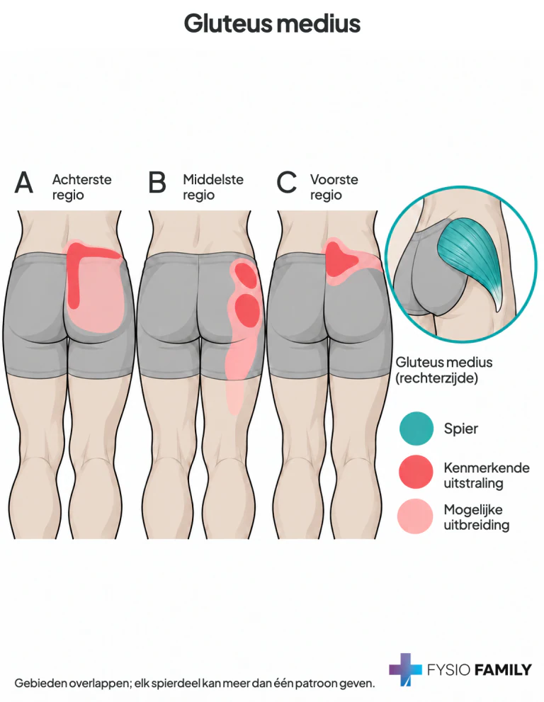 Gluteus medius: drie beschreven regio’s, met kernen nabij heiligbeen en bil en mogelijke uitbreiding langs de bekkenkam of het bovenste achterbeen.