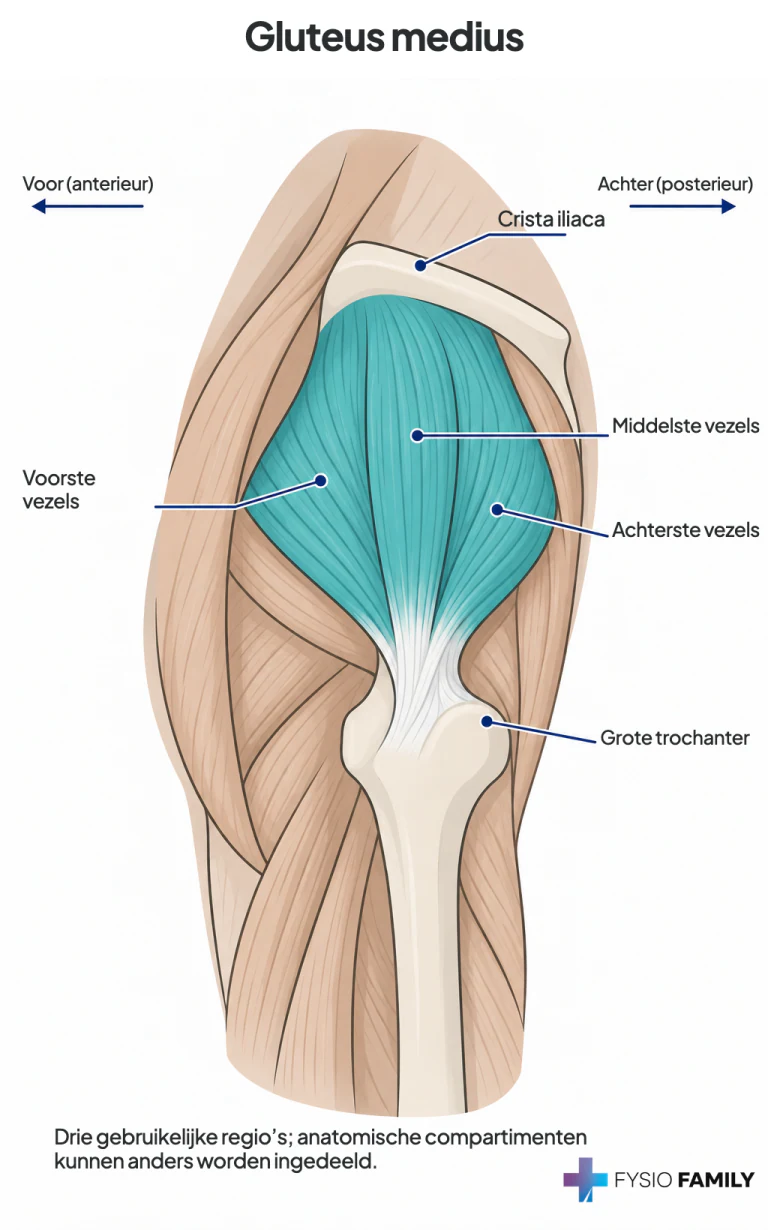 Gluteus medius: waaier vanaf de buitenzijde van het darmbeen naar de grote draaier van het bovenbeen.