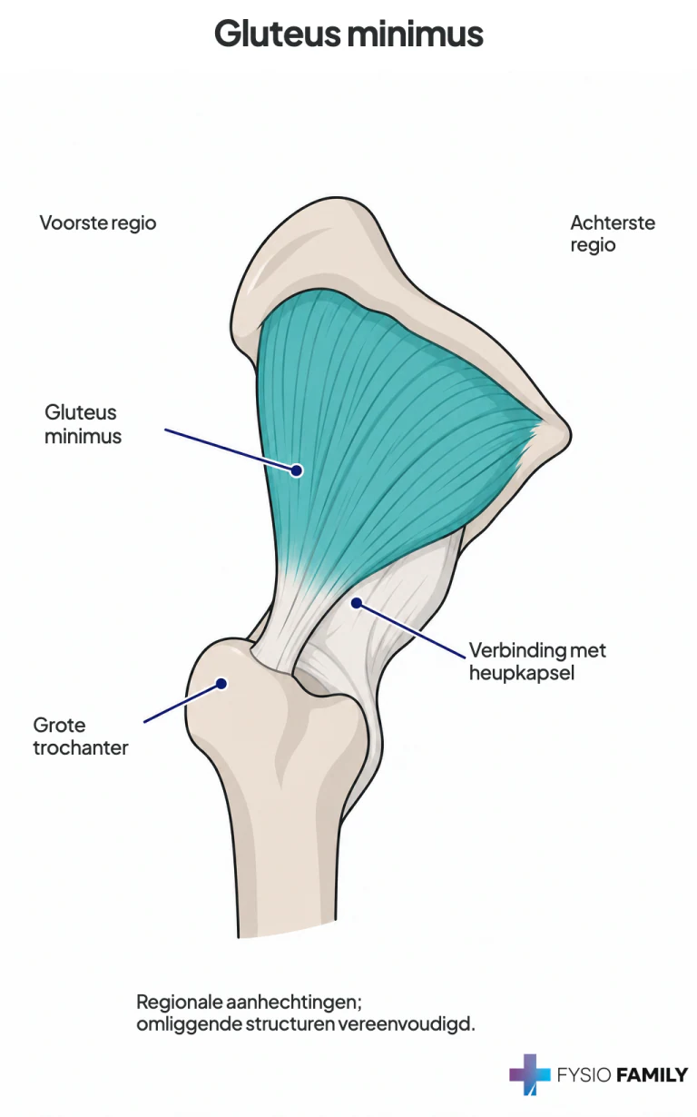 Gluteus minimus: diepe waaier naar voor-buitenzijde van de grote draaier en het heupkapsel.