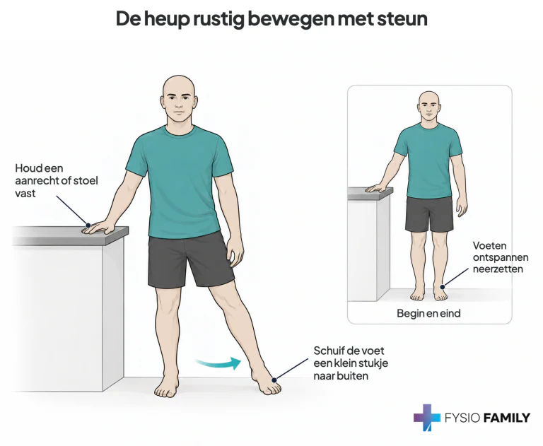 De heup rustig bewegen met steun. Stap voor stap uitgebeeld.