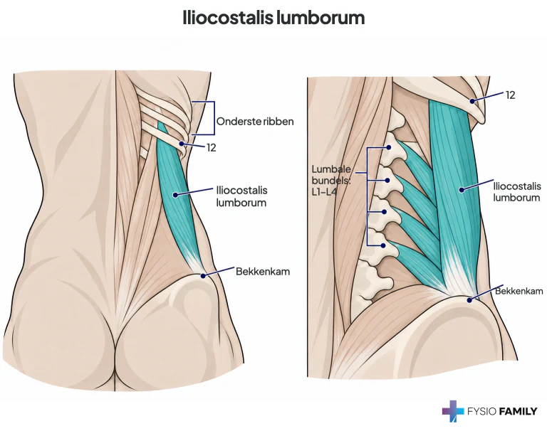 Iliocostalis lumborum: regionale weergave naast de lumbale longissimus, met een vrij eindigende twaalfde rib.