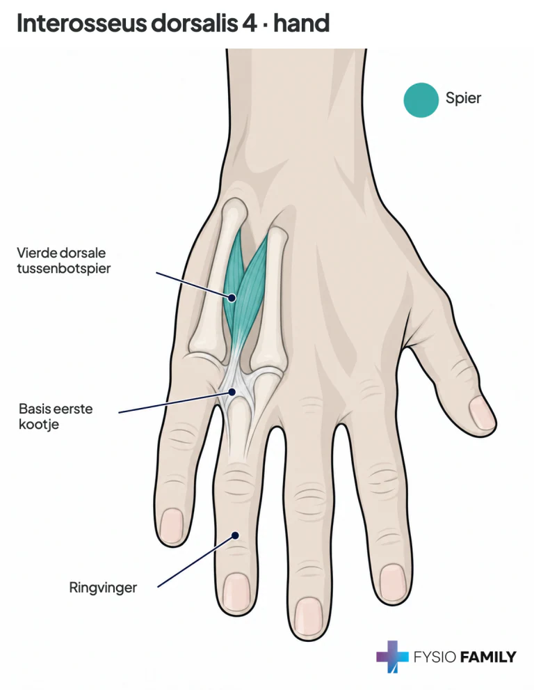 Figuur 40.1A — anatomische uitsnede met label D4 voor de 4e dorsale interosseus; omliggende structuren blijven zichtbaar.