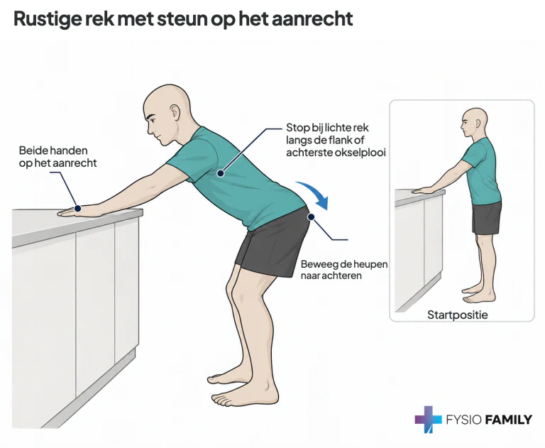 Rustige rek met steun op het aanrecht. Stap voor stap uitgebeeld.