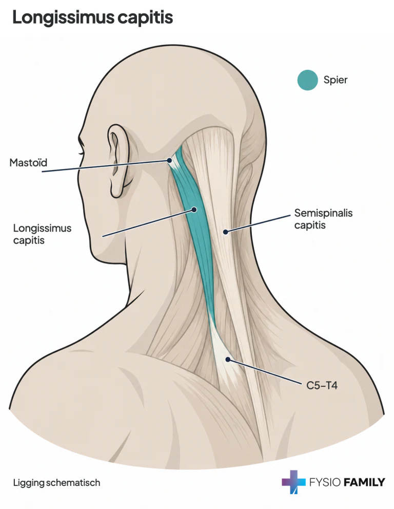 Schematische ligging van longissimus capitis, lateraal van semispinalis capitis: van lage nek en bovenrug naar de achterrand van het mastoïd achter het oor. Het boek geeft geen afzonderlijke pijnkaart voor deze spier.