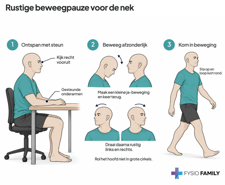 Rustige beweegpauze voor de nek. Stap voor stap uitgebeeld.