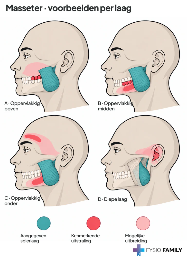 De kauwspier (masseter) en beschreven pijngebieden. Kaakpijn kan verschillende oorzaken hebben; de afbeelding is geen diagnose.