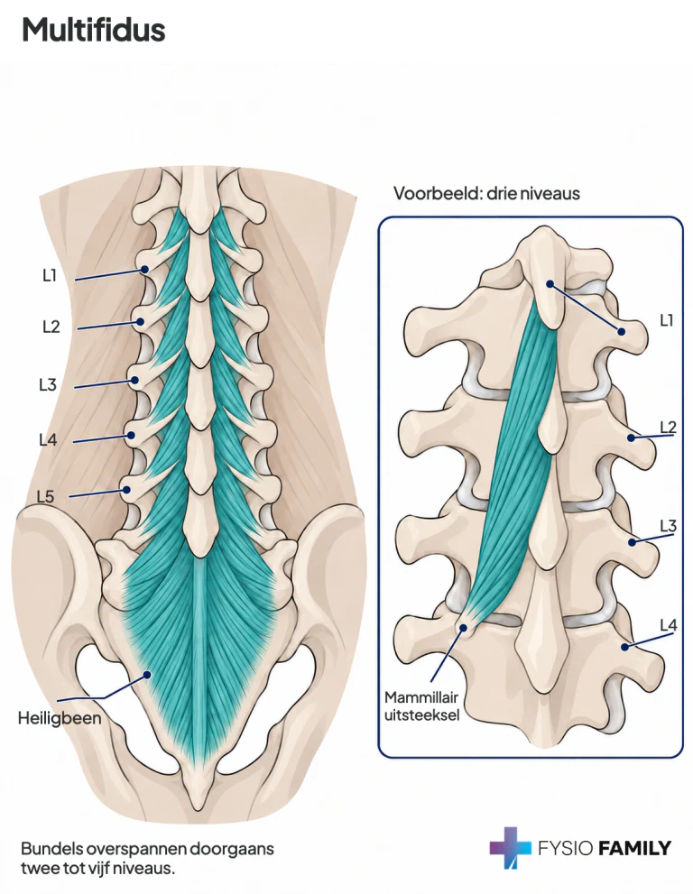 Multifidus: overlappende diepe rugspierbundels.