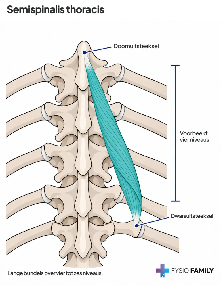 Semispinalis thoracis: regionale aanhechtingen en overspannen wervelniveaus.