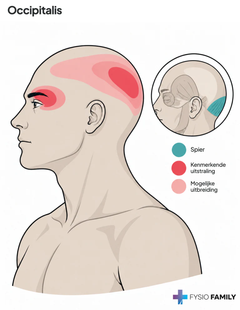 Figuur 14.2B — occipitalis: spierbuik achter op de schedel en het diepe oog-/achterhoofdspatroon.