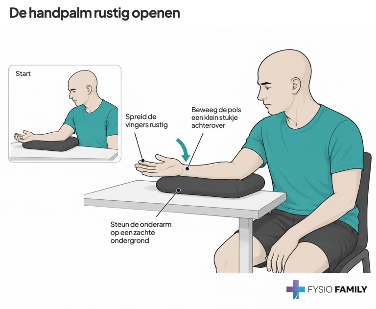 De handpalm rustig openen. Stap voor stap uitgebeeld.
