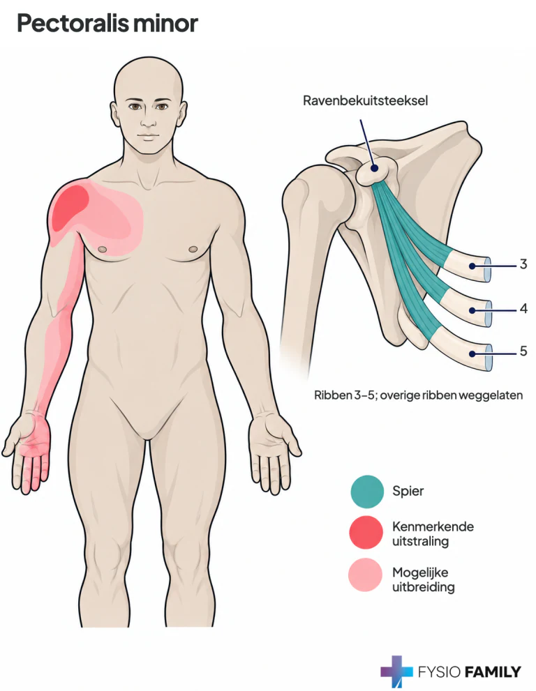 Pectoralis minor: pijnpatroon aan voorzijde schouder en arm. De inzet toont de drie oorsprongsslips op ribben 3–5 naar het ravenbekuitsteeksel; overige ribben, borstbeen en sleutelbeen zijn weggelaten.
