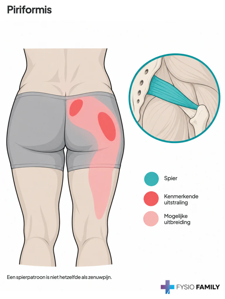 Piriformis: bil/SI-gebied met mogelijke uitbreiding over het bovenste achterbeen; overlappende patronen zijn geen diagnose.
