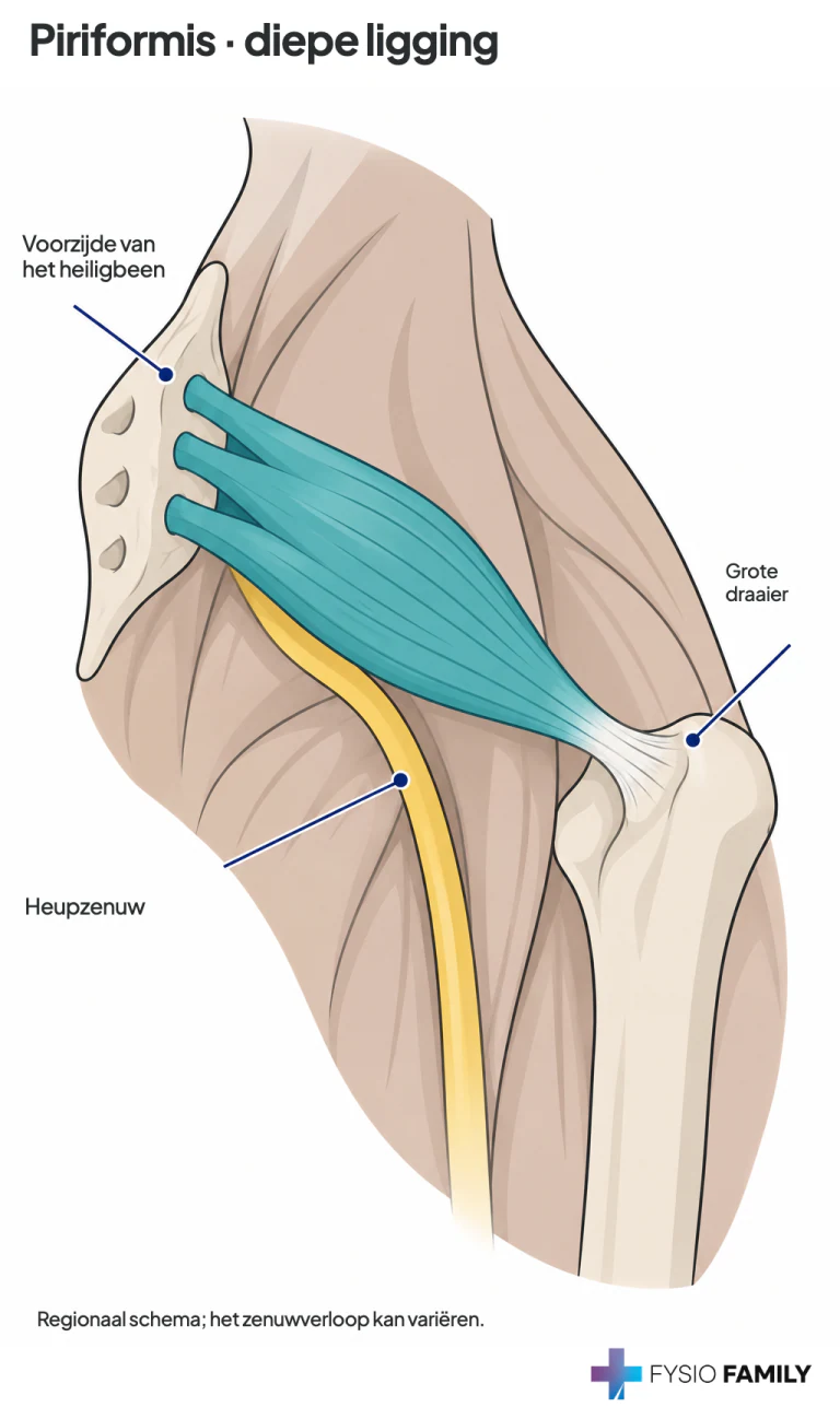 Piriformis: regionale oorsprong aan de binnenzijde van het heiligbeen, pees naar de bovenzijde van de grote draaier en gebruikelijk zenuwverloop eronder.