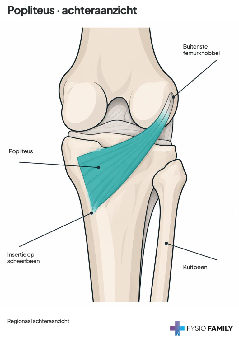 Popliteus loopt van de buitenste femurknobbel schuin naar de bovenste achterzijde van de tibia; extra peesverbindingen variëren.