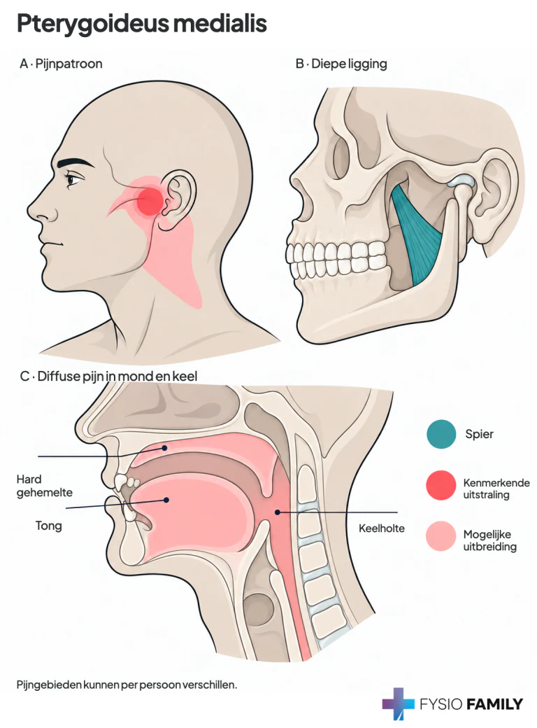 Mediale pterygoideus: A toont pijn rond het kaakgewricht en oor met mogelijke uitbreiding achter de kaak. B toont de diepe spier aan de binnenzijde van de onderkaak. C verduidelijkt in een schematische doorsnede de diffuse pijngebieden in tong, hard gehemelte en keelholte. Het hoofdstuk onderscheidt geen pijnkaart per spierkop. Pijngebieden verschillen per persoon; deze kaart stelt geen diagnose. Bron: Donnelly, hoofdstuk 10, PDF-pagina 426–434 en figuur 10.2.