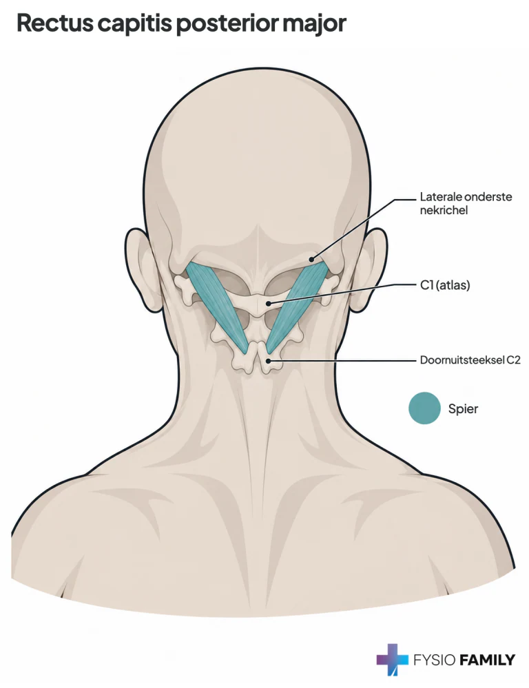 Figuur 17.1 — anatomische uitsnede met het label rectus capitis posterior major. De omliggende structuren geven de ligging aan; dit is geen individuele pijnkaart.