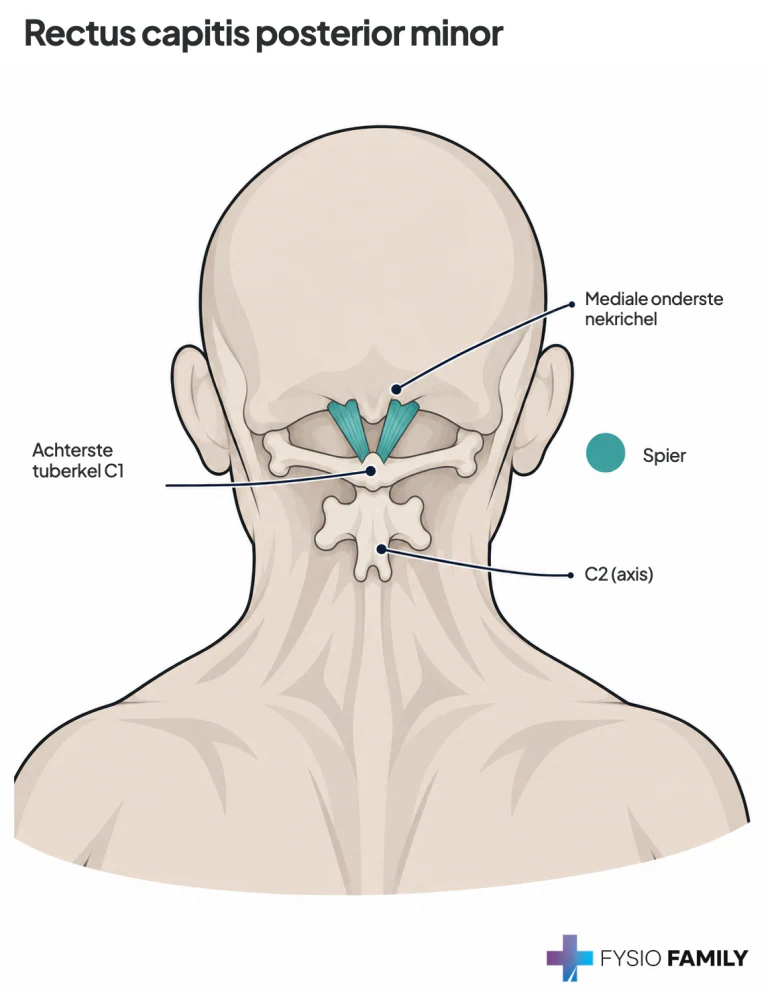 Figuur 17.1 — anatomische uitsnede met het label rectus capitis posterior minor. De omliggende structuren geven de ligging aan; dit is geen individuele pijnkaart.