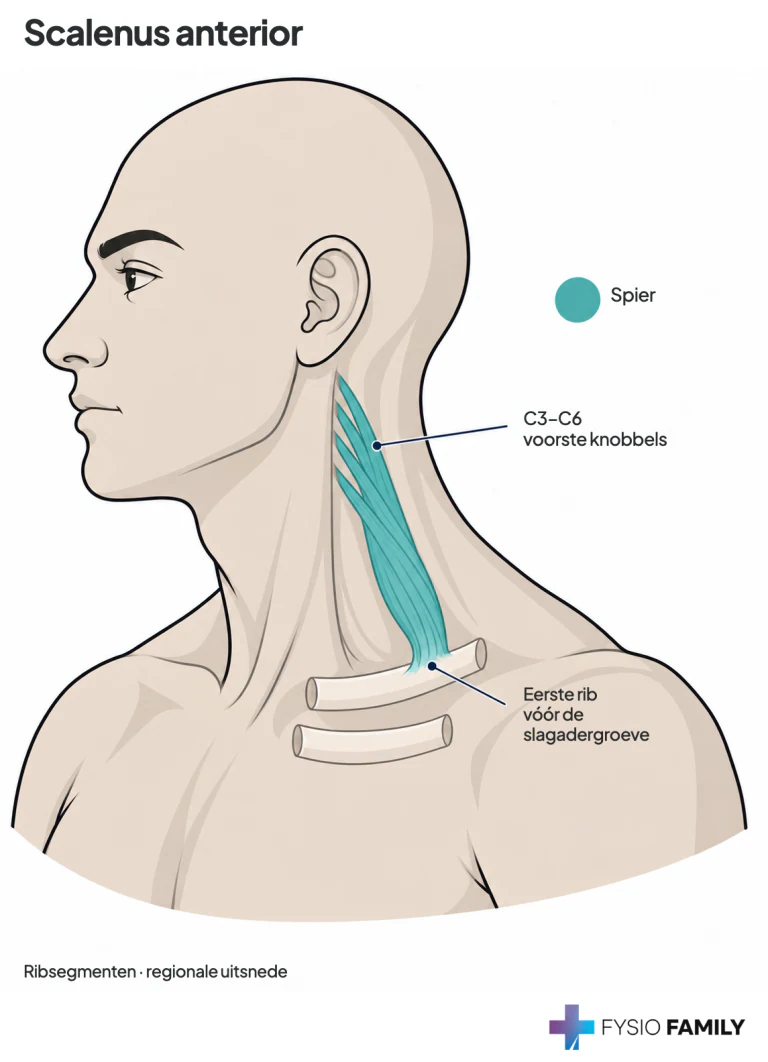 Scalenus anterior: van C3–C6 naar de eerste rib, vóór de groeve van de ondersleutelbeenslagader. De korte ribsegmenten zijn een regionale uitsnede.