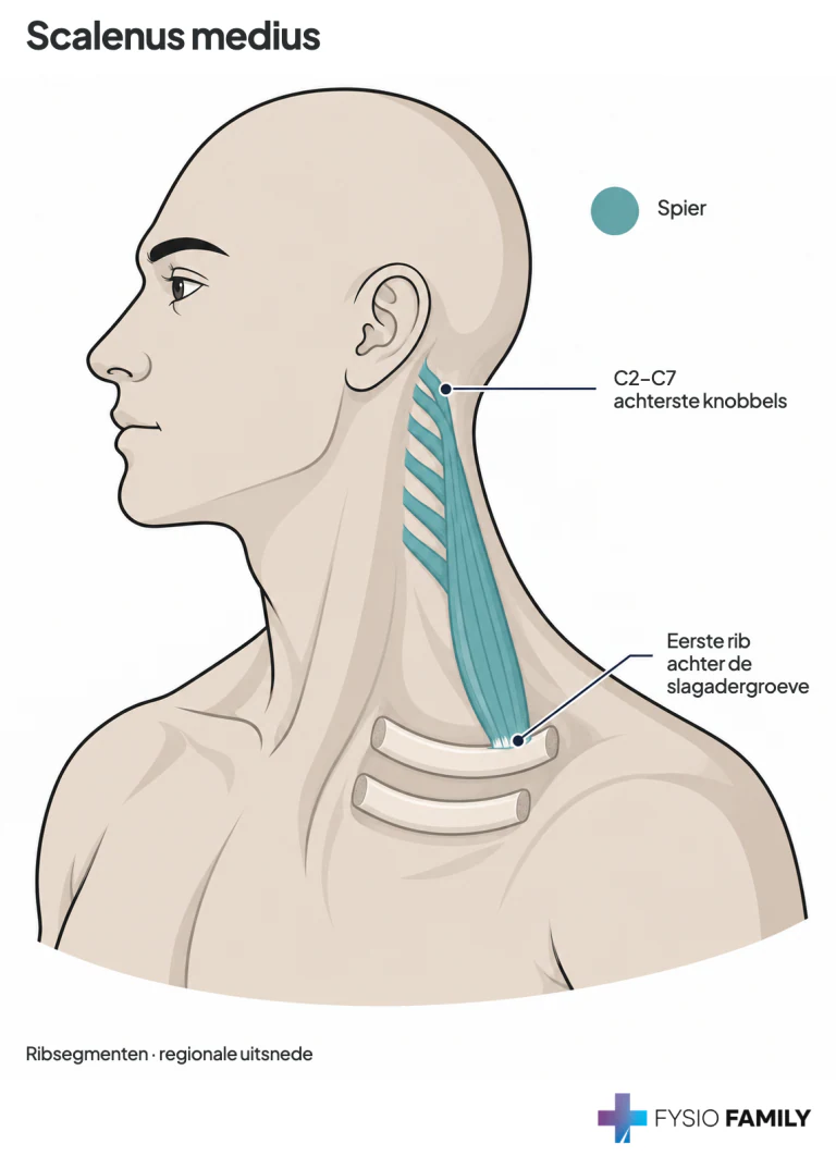Scalenus medius: van C2–C7 naar de eerste rib, achter de groeve van de ondersleutelbeenslagader. De korte ribsegmenten zijn een regionale uitsnede.