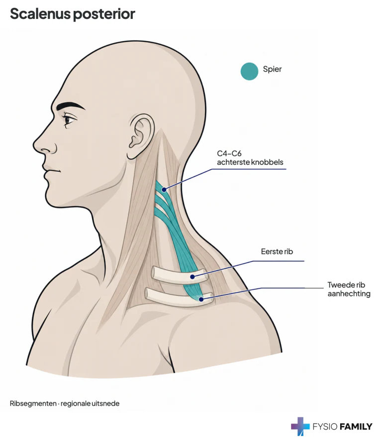 Scalenus posterior: van C4–C6 langs de eerste rib naar de tweede rib. De ribben zijn als afzonderlijke segmenten weergegeven; de oppervlakkige halslaag is deels weggelaten.